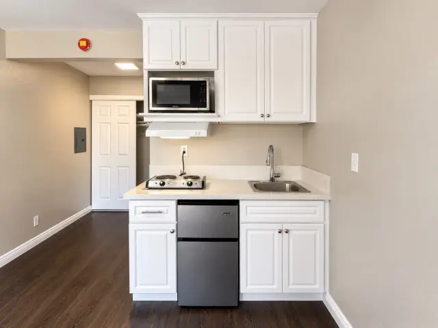 Kitchenette with a microwave, a two-burner cooktop and a compact refrigerator